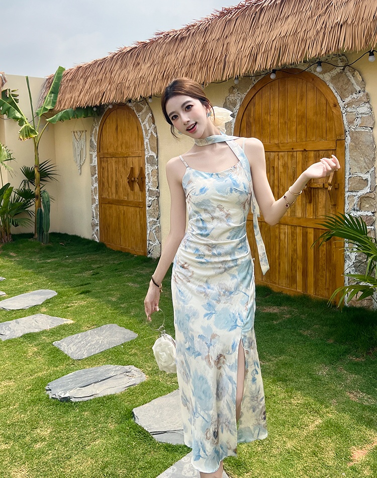 Satin double printing blooming flowers dress