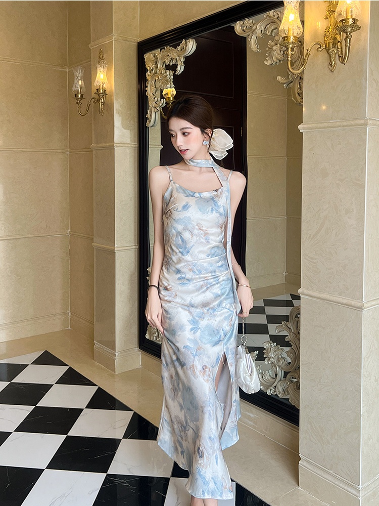 Satin double printing blooming flowers dress