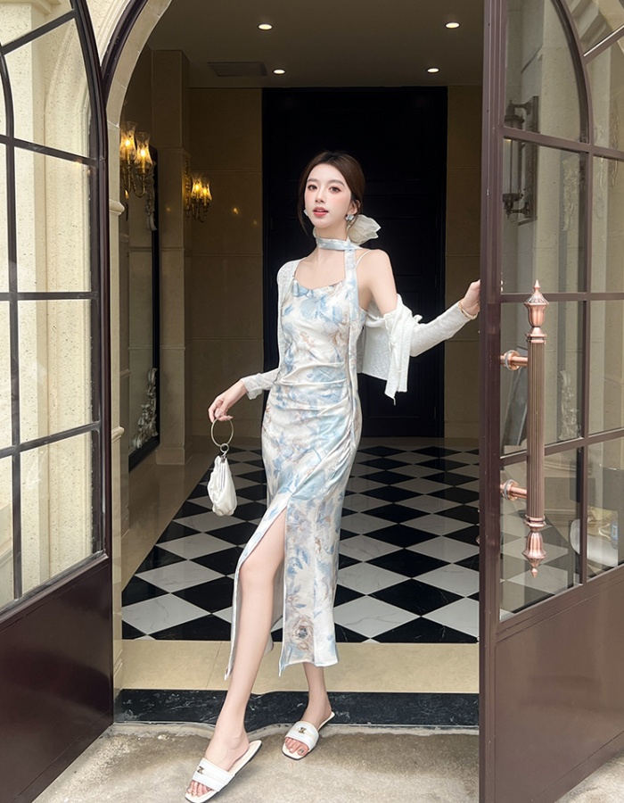 Satin double printing blooming flowers dress