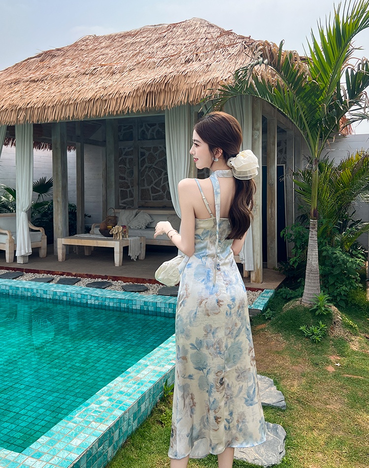 Satin double printing blooming flowers dress