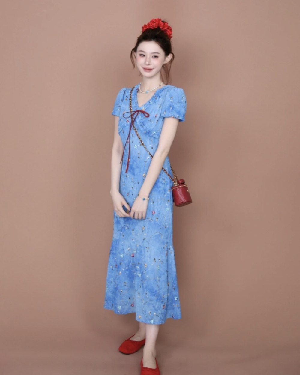 V-neck tie dye embroidery dress