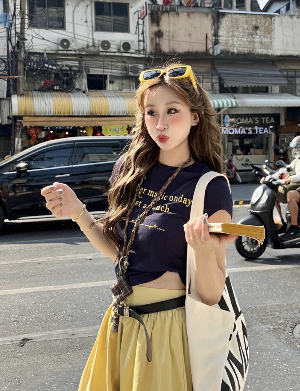 Mixed colors cool skirt retro T-shirt a set