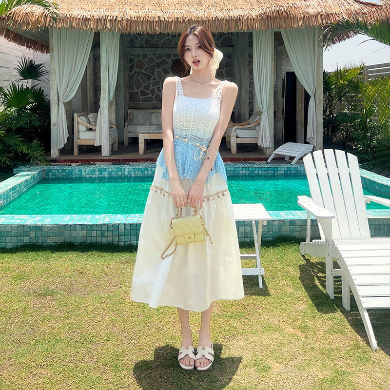 Vacation hollow unique vest summer white skirt 3pcs set