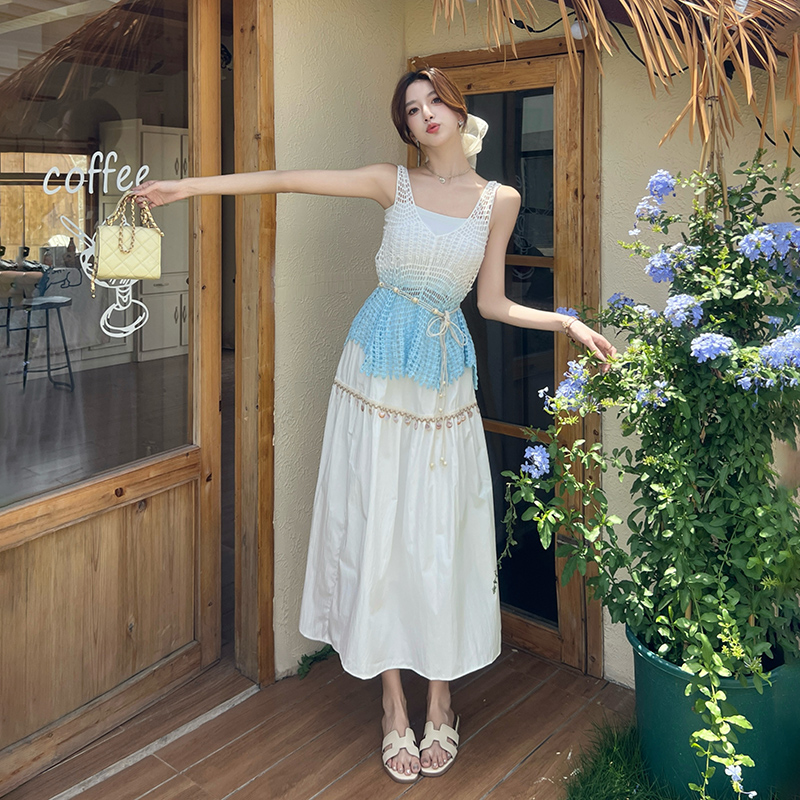 Vacation hollow unique vest summer white skirt 3pcs set