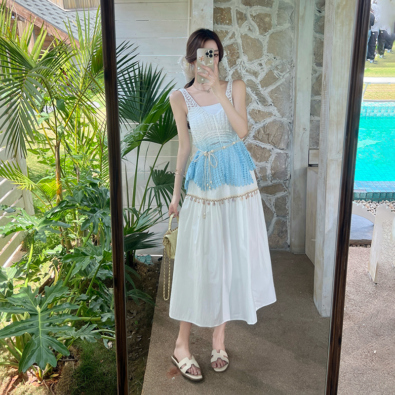 Vacation hollow unique vest summer white skirt 3pcs set