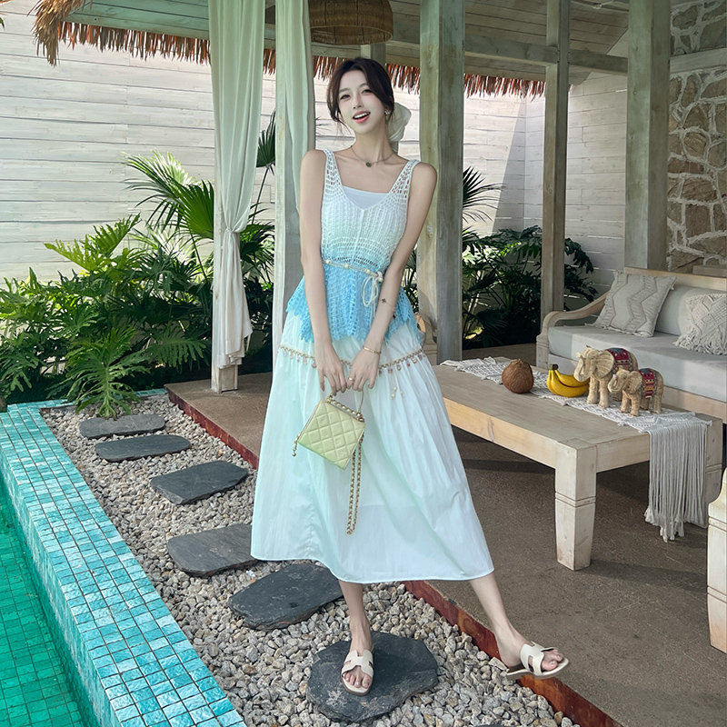 Vacation hollow unique vest summer white skirt 3pcs set