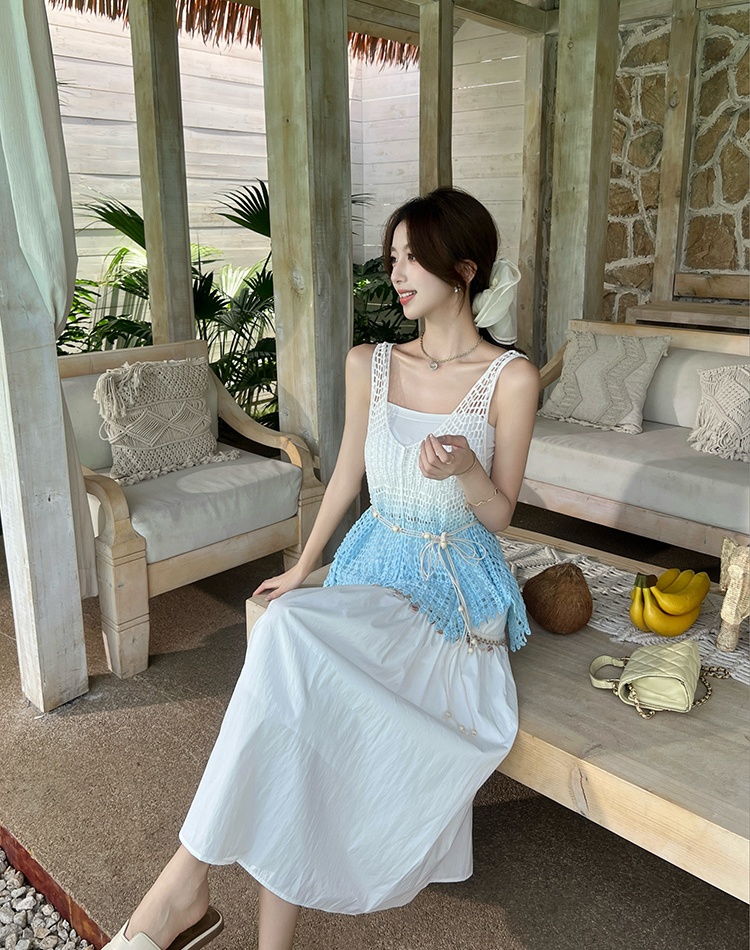Vacation hollow unique vest summer white skirt 3pcs set