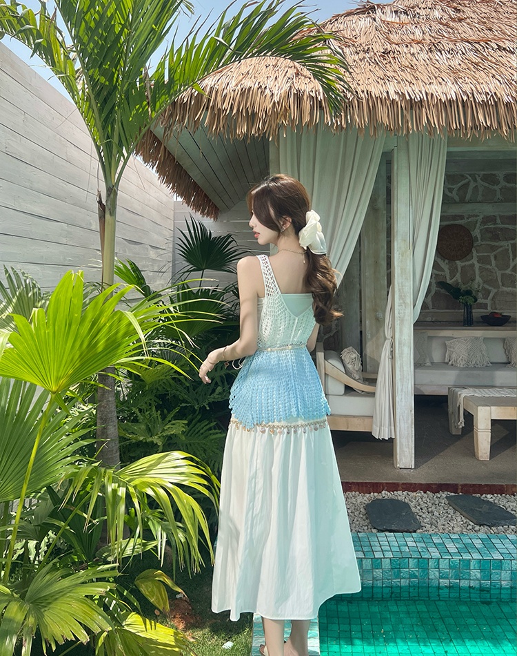 Vacation hollow unique vest summer white skirt 3pcs set