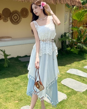 Unique white tops hollow summer skirt 3pcs set for women