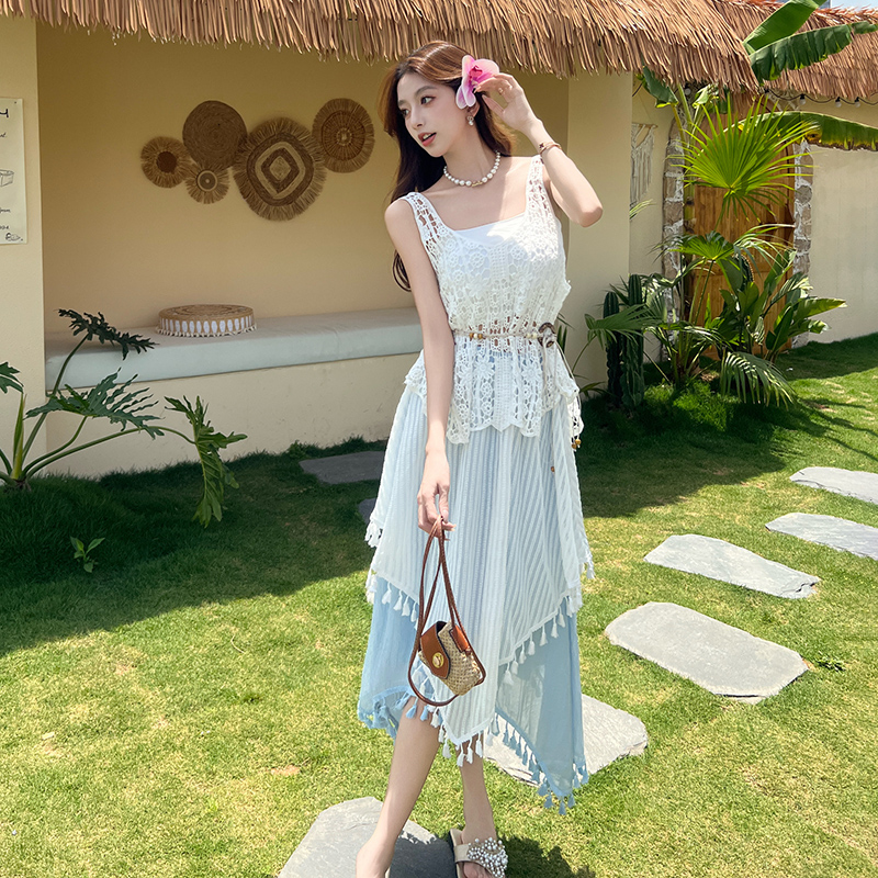 Unique white tops hollow summer skirt 3pcs set for women