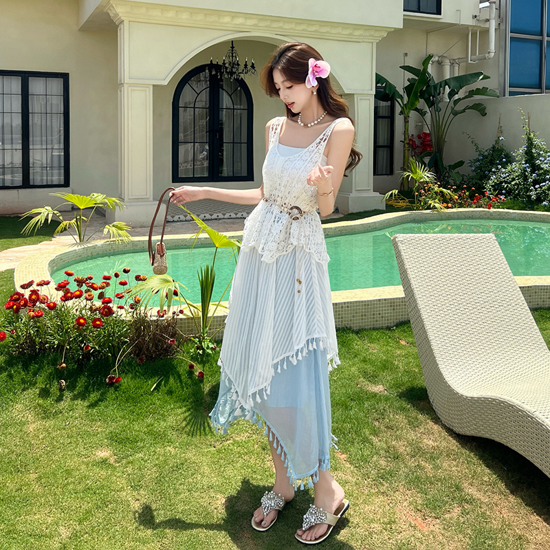 Unique white tops hollow summer skirt 3pcs set for women