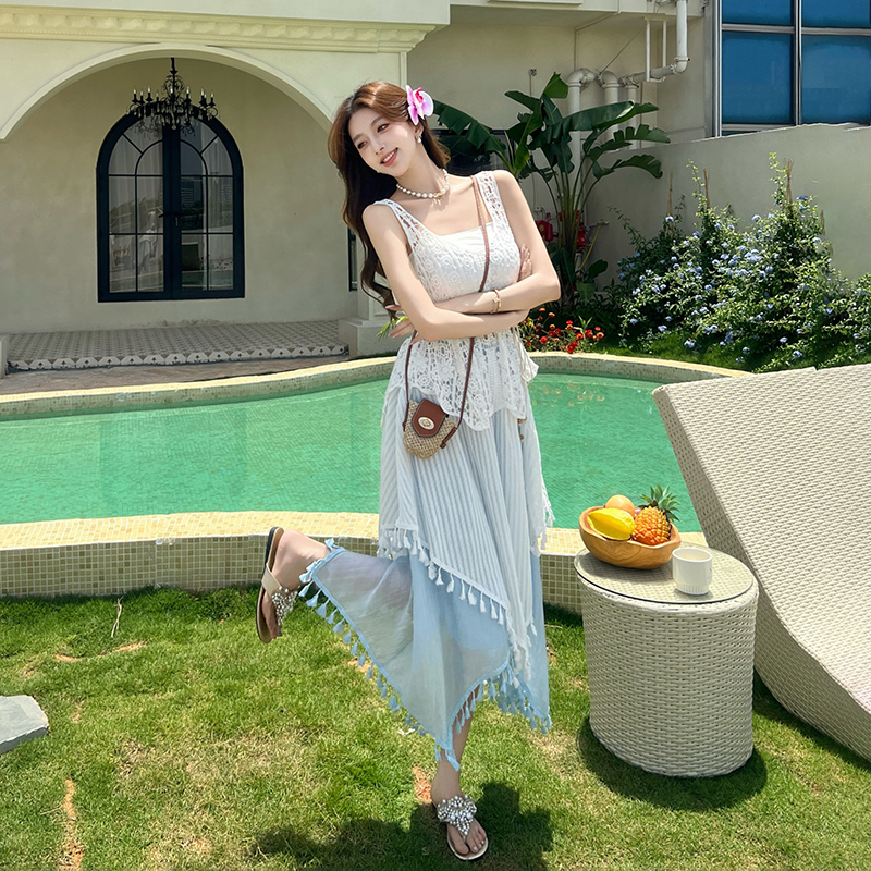 Unique white tops hollow summer skirt 3pcs set for women