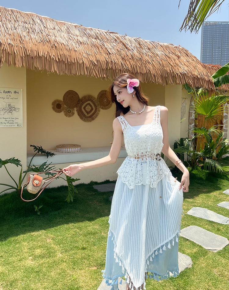 Unique white tops hollow summer skirt 3pcs set for women