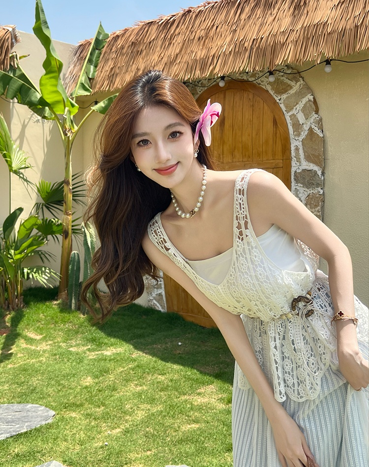 Unique white tops hollow summer skirt 3pcs set for women