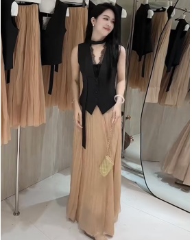 Pleated pinched waist business suit temperament long skirt 2pcs set