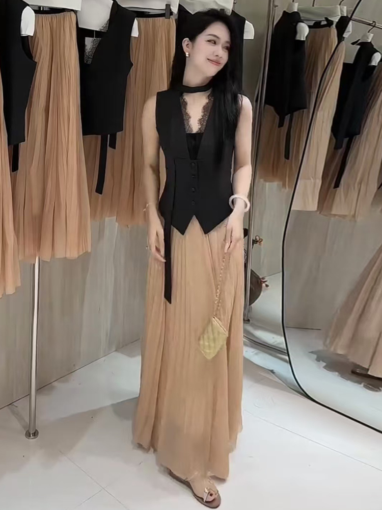 Pleated pinched waist business suit temperament long skirt 2pcs set