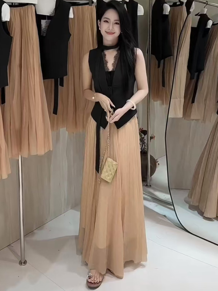 Pleated pinched waist business suit temperament long skirt 2pcs set