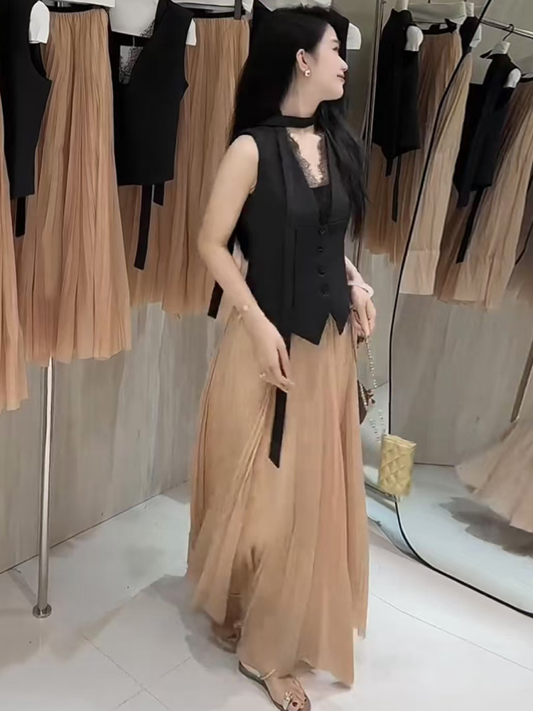 Pleated pinched waist business suit temperament long skirt 2pcs set