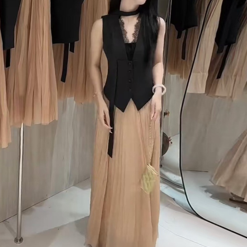 Pleated pinched waist business suit temperament long skirt 2pcs set