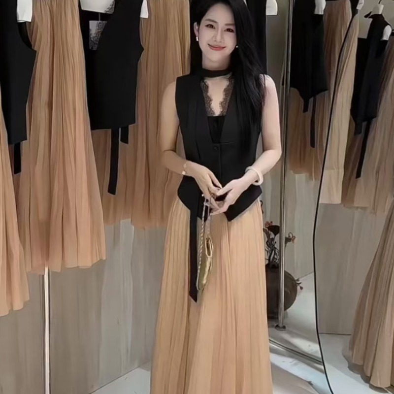 Pleated pinched waist business suit temperament long skirt 2pcs set