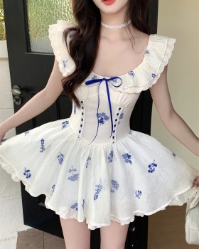 Floral temperament fish dress embroidery blue slim T-back