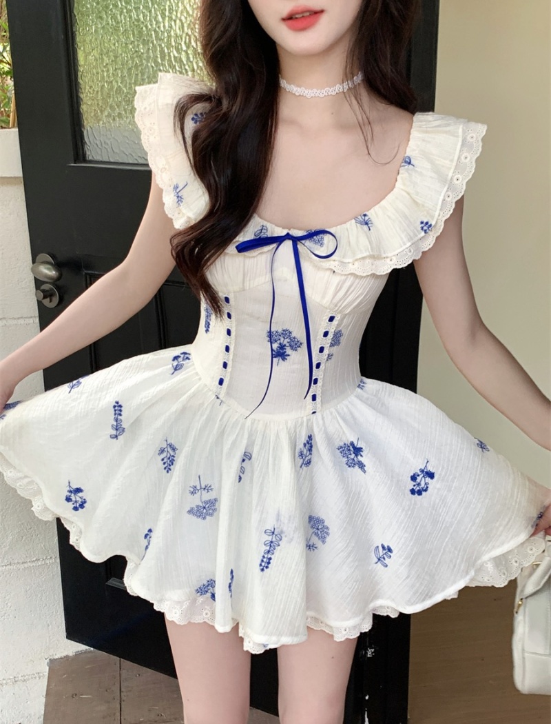 Floral temperament fish dress embroidery blue slim T-back