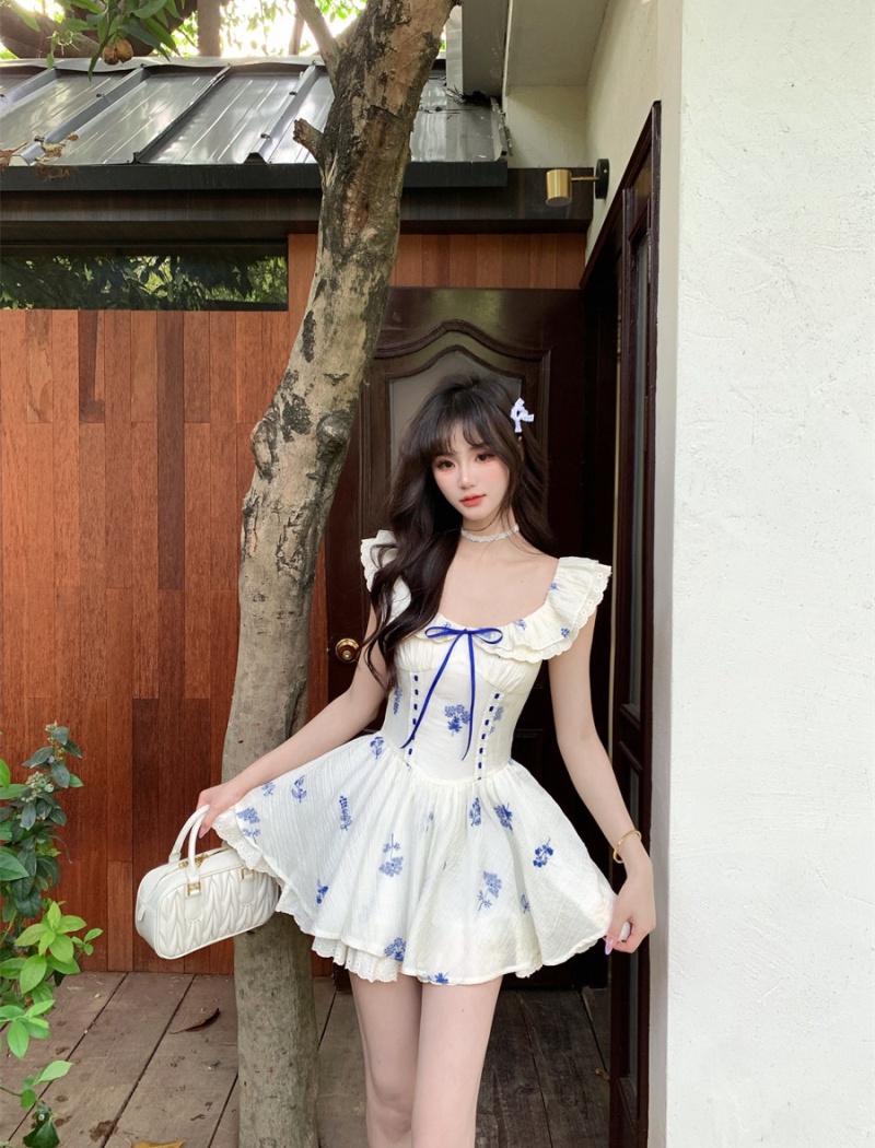 Floral temperament fish dress embroidery blue slim T-back