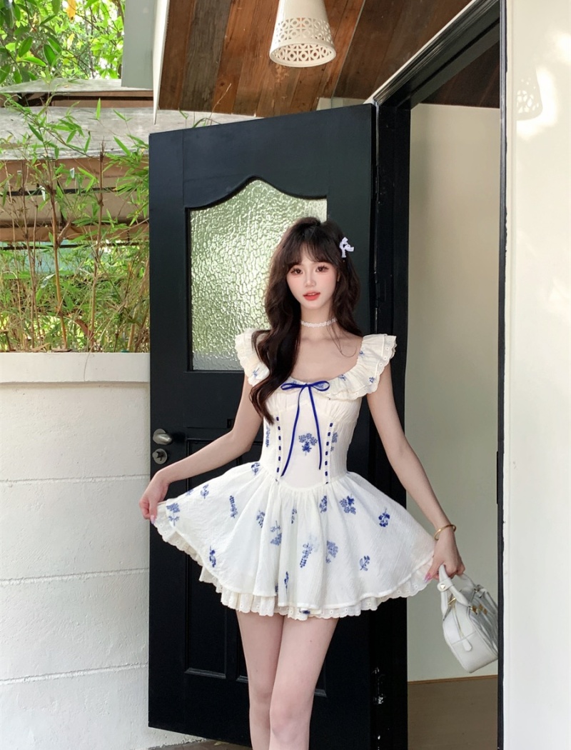 Floral temperament fish dress embroidery blue slim T-back