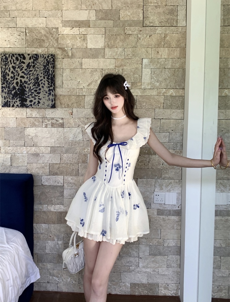 Floral temperament fish dress embroidery blue slim T-back
