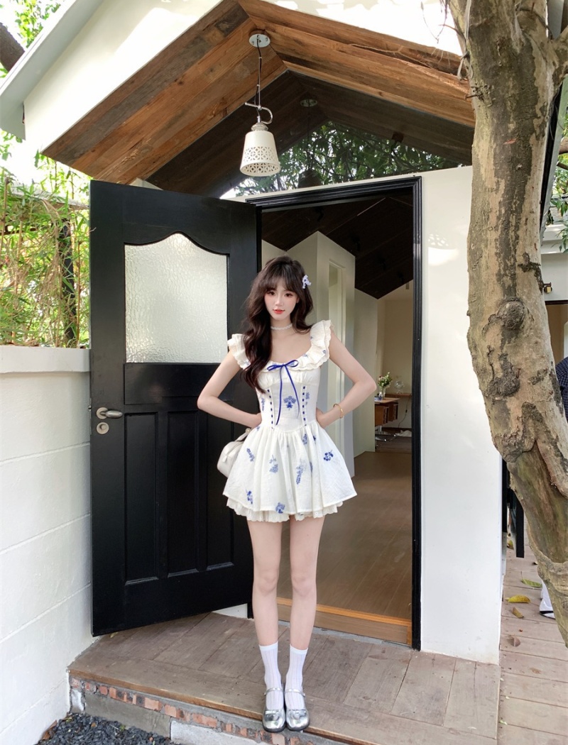 Floral temperament fish dress embroidery blue slim T-back