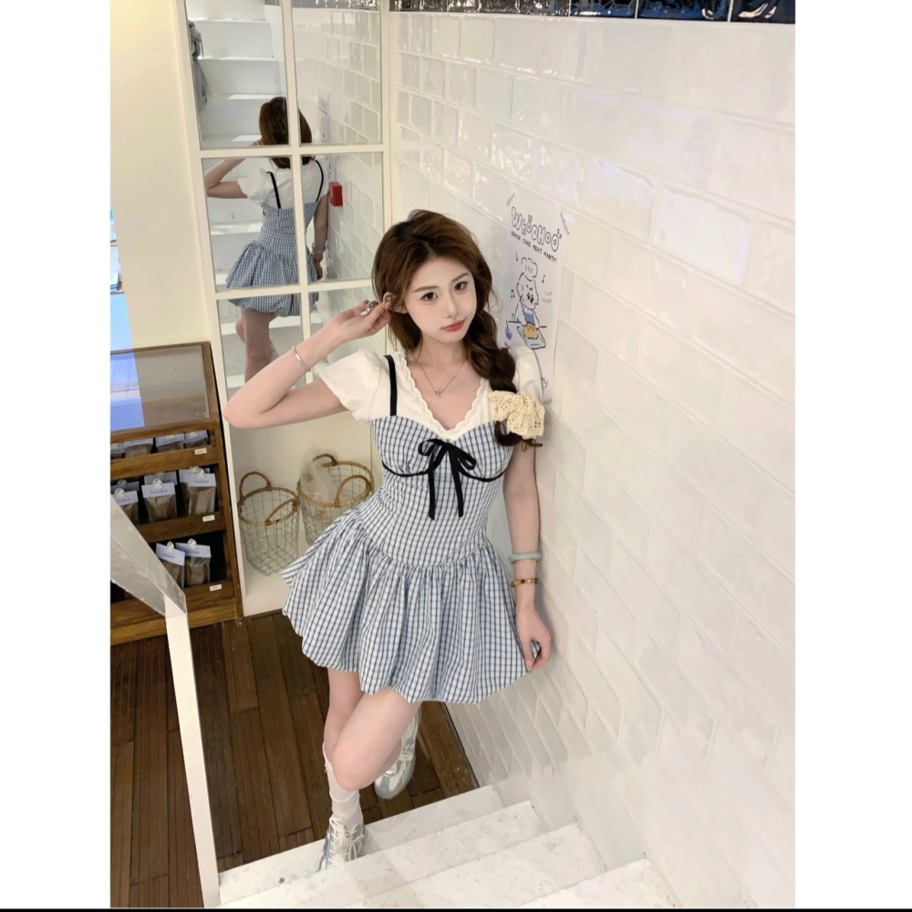 Pseudo-two V-neck dress summer bow T-back