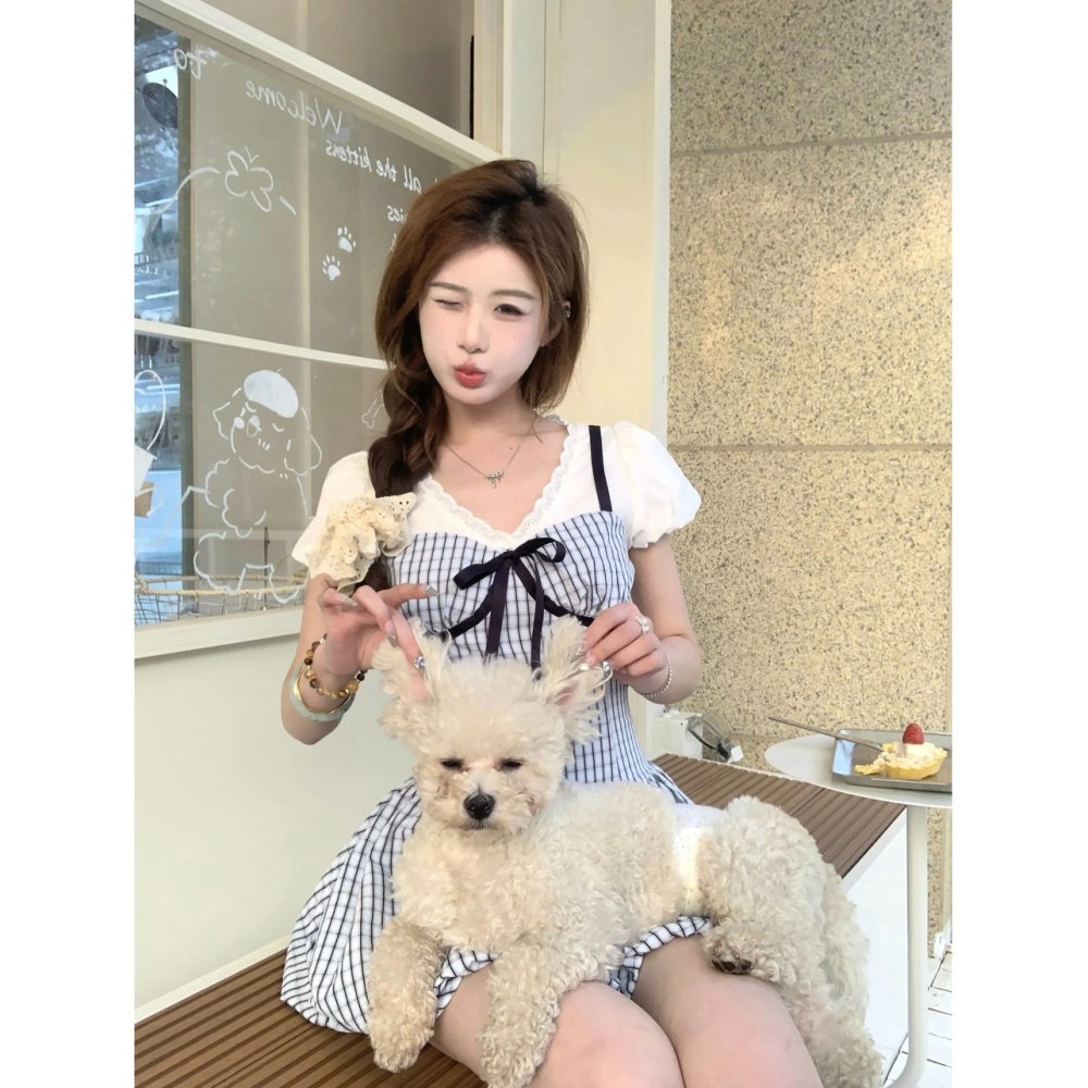 Pseudo-two V-neck dress summer bow T-back