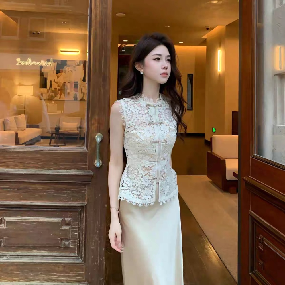 Spring embroidery mermaid lace snow hollow tops 3pcs set