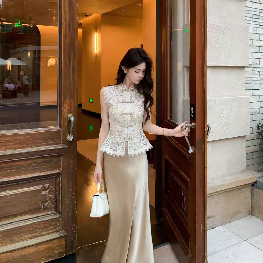 Spring embroidery mermaid lace snow hollow tops 3pcs set