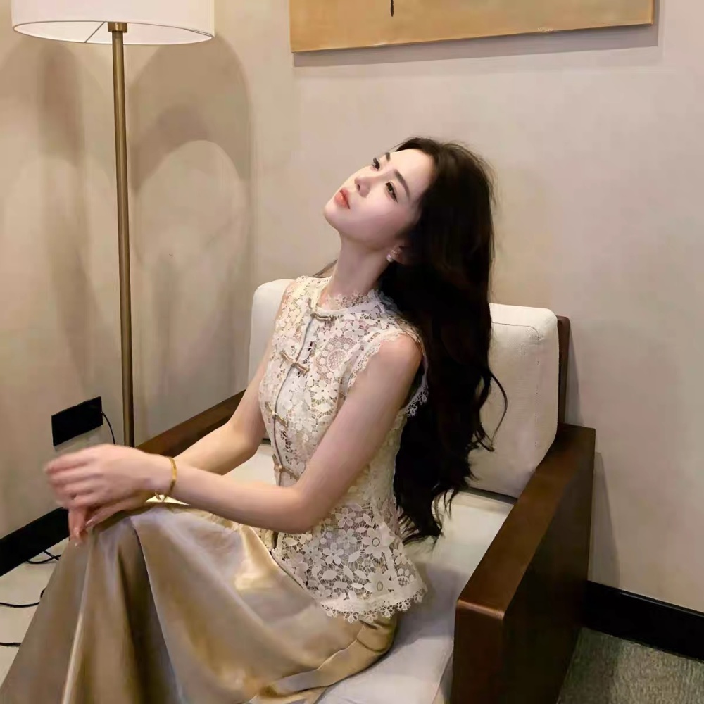 Spring embroidery mermaid lace snow hollow tops 3pcs set