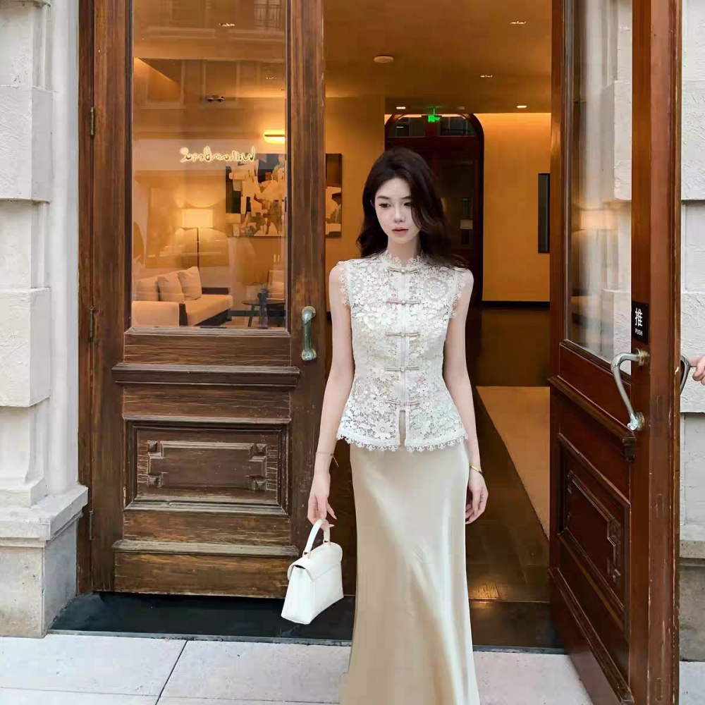Spring embroidery mermaid lace snow hollow tops 3pcs set