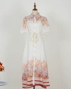 Frenum lady lapel printing breasted pinched waist vacation dress