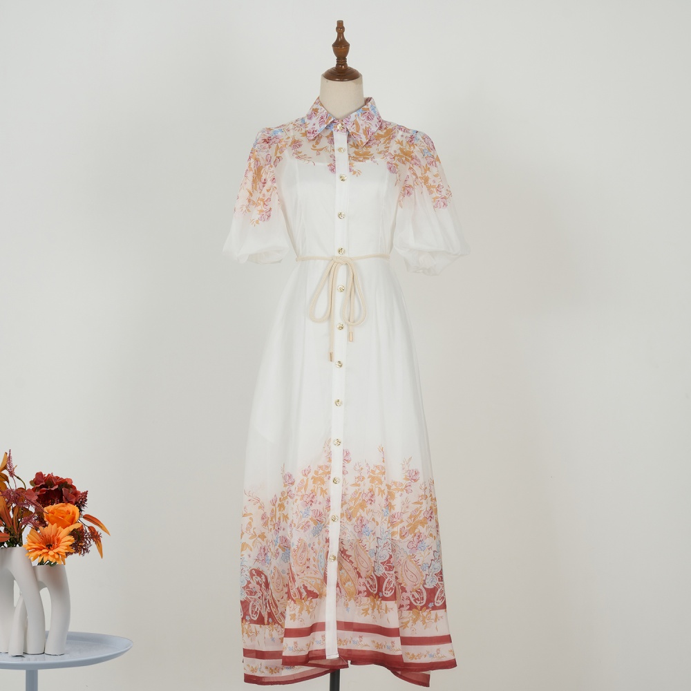Frenum lady lapel printing breasted pinched waist vacation dress