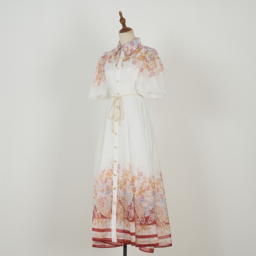 Frenum lady lapel printing breasted pinched waist vacation dress