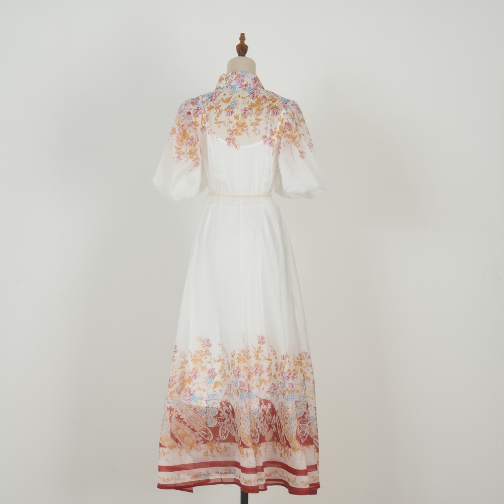 Frenum lady lapel printing breasted pinched waist vacation dress