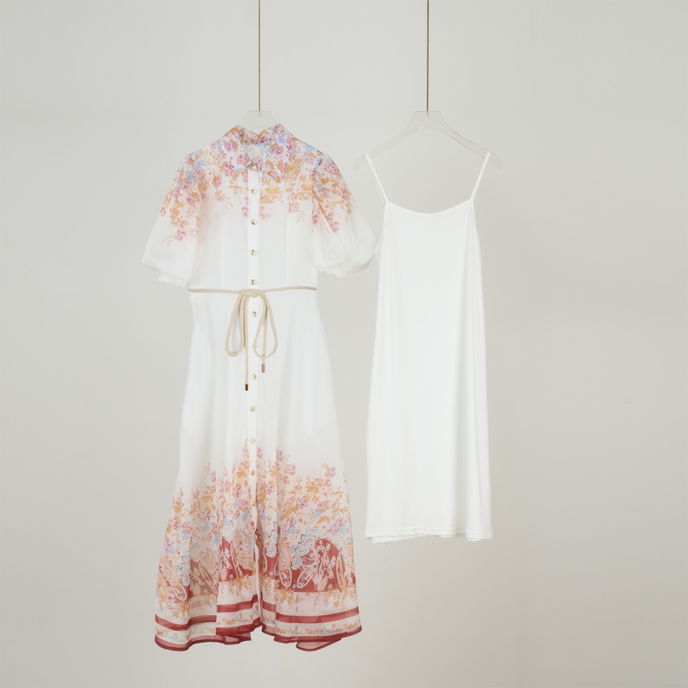 Frenum lady lapel printing breasted pinched waist vacation dress