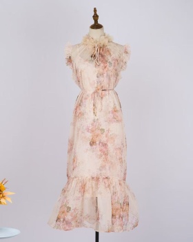V-neck France style flowers sleeveless printing dress
