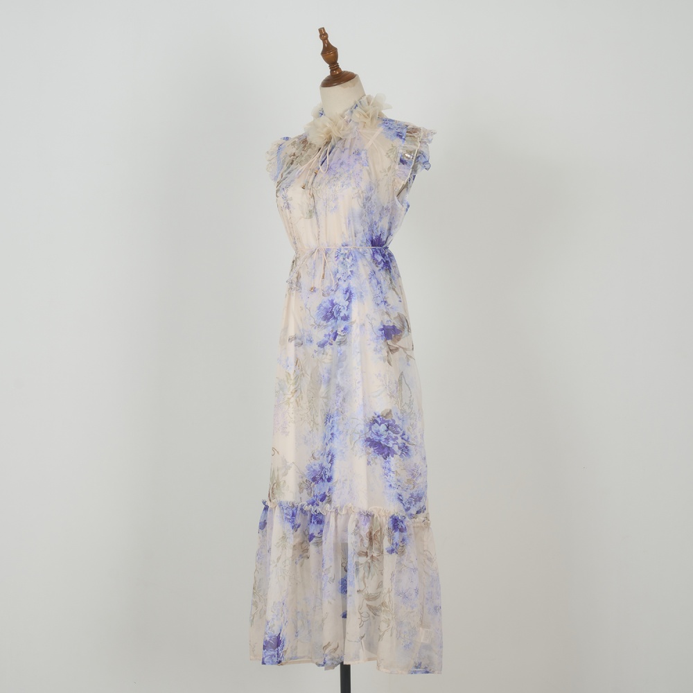 V-neck France style flowers sleeveless printing dress