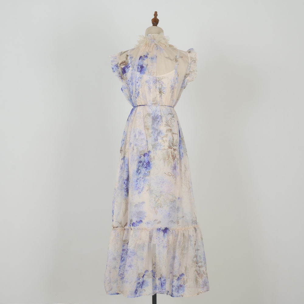 V-neck France style flowers sleeveless printing dress