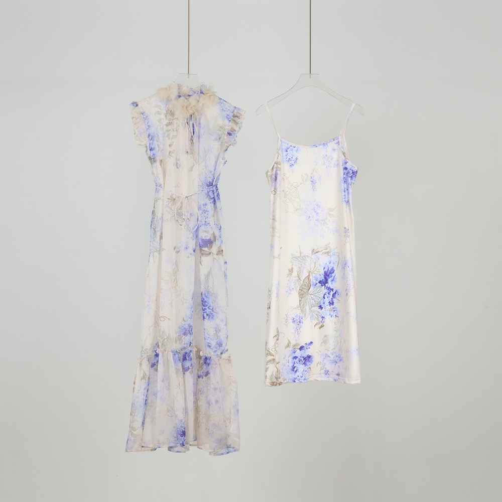 V-neck France style flowers sleeveless printing dress