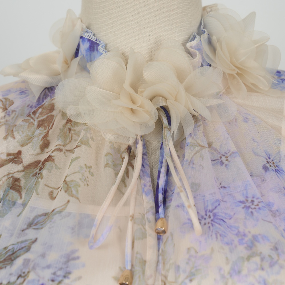 V-neck France style flowers sleeveless printing dress