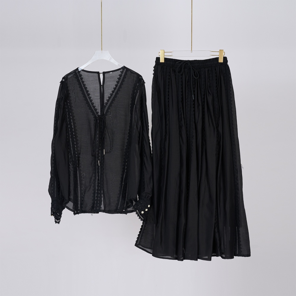Lantern sleeve short skirt drawstring shirt 2pcs set for women