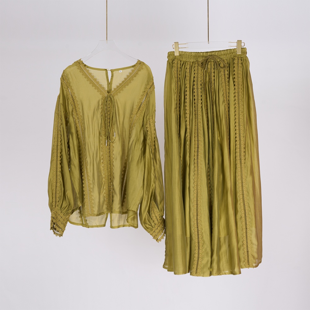 Lantern sleeve short skirt drawstring shirt 2pcs set for women