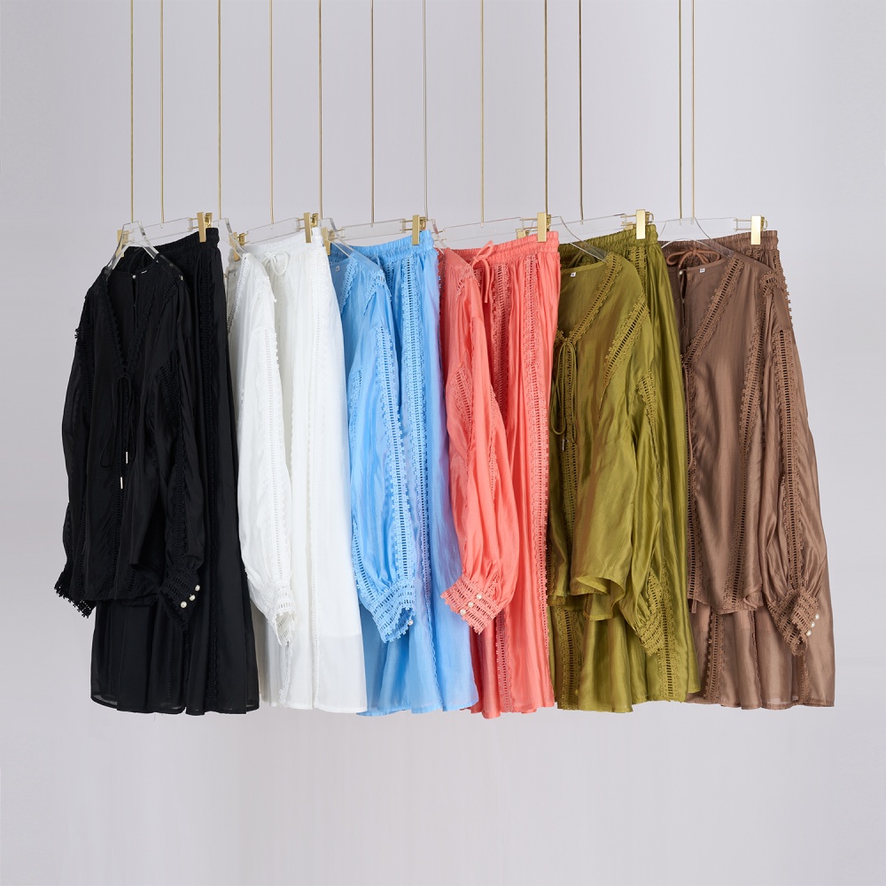 Lantern sleeve short skirt drawstring shirt 2pcs set for women