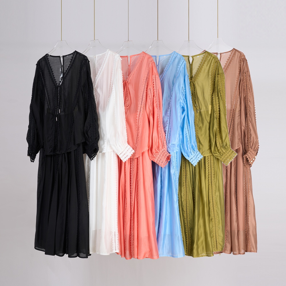 Lantern sleeve short skirt drawstring shirt 2pcs set for women